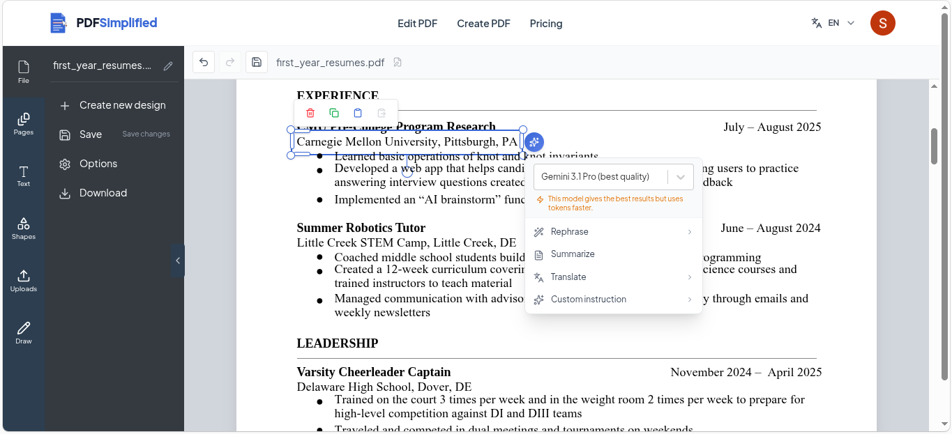 The PDFSimplified editor with a heading selected, showing the styling toolbar along the top and the AI menu open beside the element